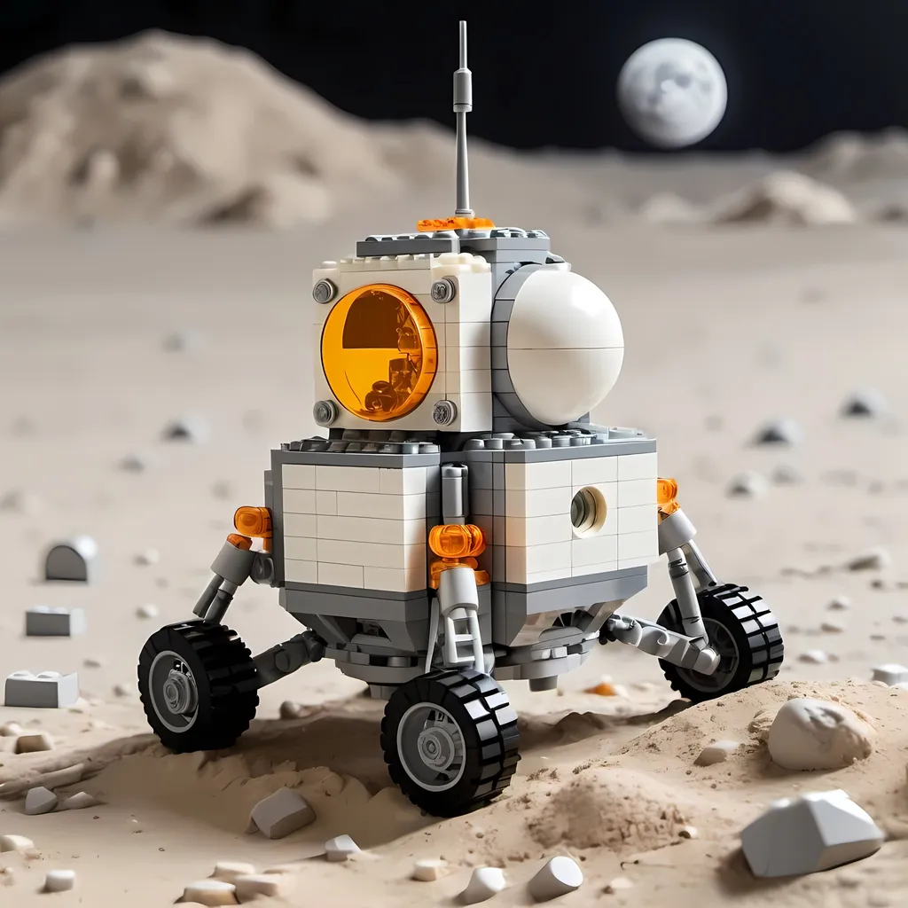 Prompt: Big Scale Lego moon lander model, realistic plastic texture,Yellow Gray orange and white, small scale, detailed lunar surface made by Lego, clear and sharp focus, high quality, lego bricks, miniature, realistic lighting, moon landing, plastic texture, detailed surface, small scale, high quality