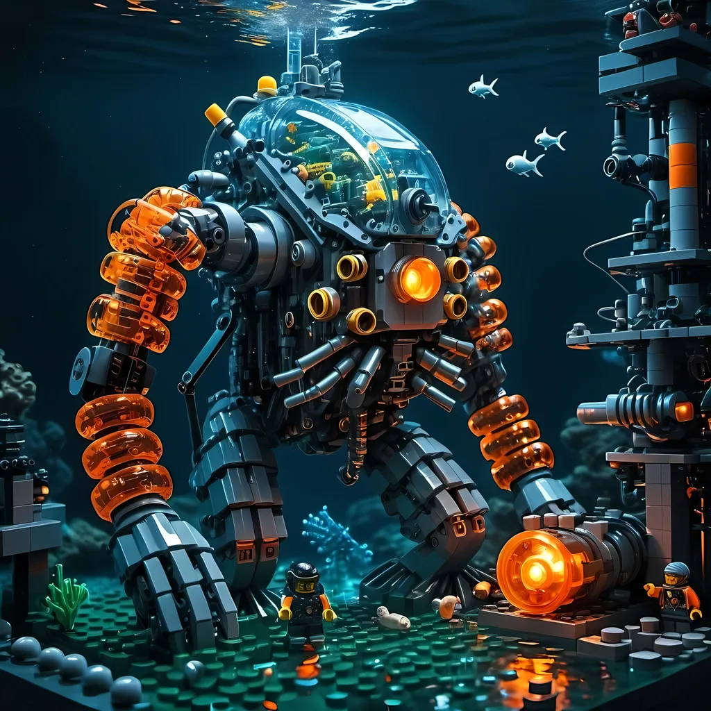 Prompt: one man underwater Cyberpunk transparent Lego construction mechanical arms bionic Electromagnetic coil machine with orange light in Atlantis Building the city and some lego scuba divers mini figure,  exploring deep dark sea, deep ocean, bionic, dark gray, neon light, bionic design , realistic underwater, detailed Lego construction, futuristic, high-tech, deep-sea exploration ,underwater scene, marine life, deep-sea exploration, cool tones,4k, intense and ominous atmosphere, high quality, detailed, Lego building, cyberpunk, deep ocean, futuristic Creature, underwater scene, atmospheric lighting