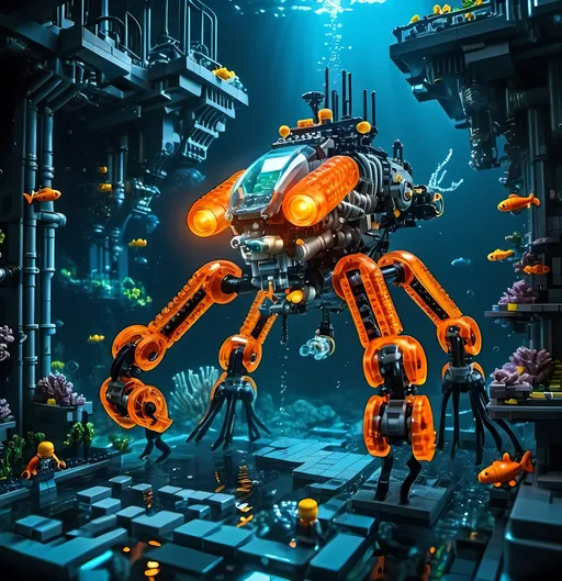 Prompt: underwater Cyberpunk transparent Lego construction mechanical arms bionic hover bike  machine with orange light in Atlantis Building the city and some lego scuba divers mini figure,  exploring deep dark sea, deep ocean, bionic, dark gray, neon light, bionic design , realistic underwater, detailed Lego construction, futuristic, high-tech, deep-sea exploration ,underwater scene, marine life, deep-sea exploration, cool tones,4k, intense and ominous atmosphere, high quality, detailed, Lego building, cyberpunk, deep ocean, futuristic Creature, underwater scene, atmospheric lighting