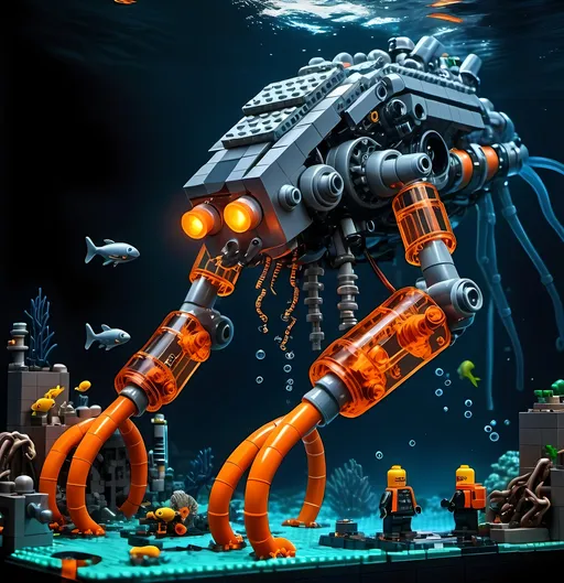 Prompt: huge underwater Cyberpunk transparent Lego and construction four mechanical arms bionic Machine with orange light in Atlantis Building the city and some lego scuba divers mini figure,  exploring deep dark sea, deep ocean, bionic, dark gray, neon light, bionic design , realistic underwater, detailed Lego construction, futuristic, high-tech, deep-sea exploration ,underwater scene, marine life, deep-sea exploration, cool tones,4k, intense and ominous atmosphere, high quality, detailed, Lego building, cyberpunk, deep ocean, futuristic Creature, underwater scene, atmospheric lighting