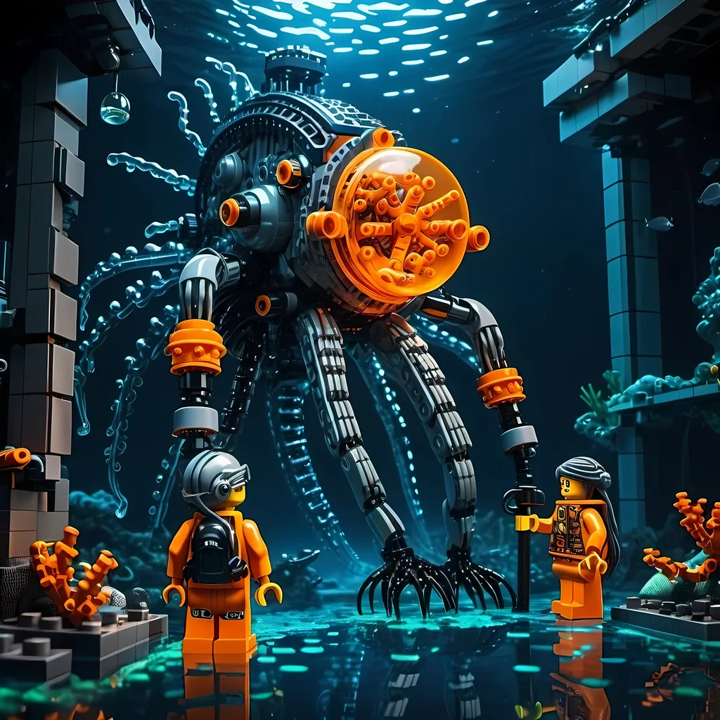 Prompt: huge underwater Cyberpunk transparent Lego and construction mechanical arm bionic machine with orange light in Atlantis Building the city and some lego scuba divers mini figure,  exploring deep dark sea, deep ocean, bionic, dark gray, neon light, bionic design , realistic underwater, detailed Lego construction, futuristic, high-tech, deep-sea exploration ,underwater scene, marine life, deep-sea exploration, cool tones,4k, intense and ominous atmosphere, high quality, detailed, Lego building, cyberpunk, deep ocean, futuristic Creature, underwater scene, atmospheric lighting