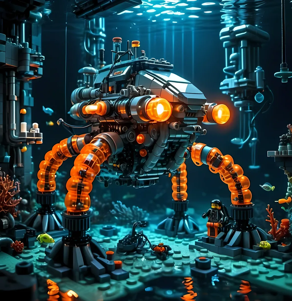 Prompt: underwater Cyberpunk transparent Lego construction mechanical arms bionic hover bike  machine with orange light in Atlantis Building the city and some lego scuba divers mini figure,  exploring deep dark sea, deep ocean, bionic, dark gray, neon light, bionic design , realistic underwater, detailed Lego construction, futuristic, high-tech, deep-sea exploration ,underwater scene, marine life, deep-sea exploration, cool tones,4k, intense and ominous atmosphere, high quality, detailed, Lego building, cyberpunk, deep ocean, futuristic Creature, underwater scene, atmospheric lighting