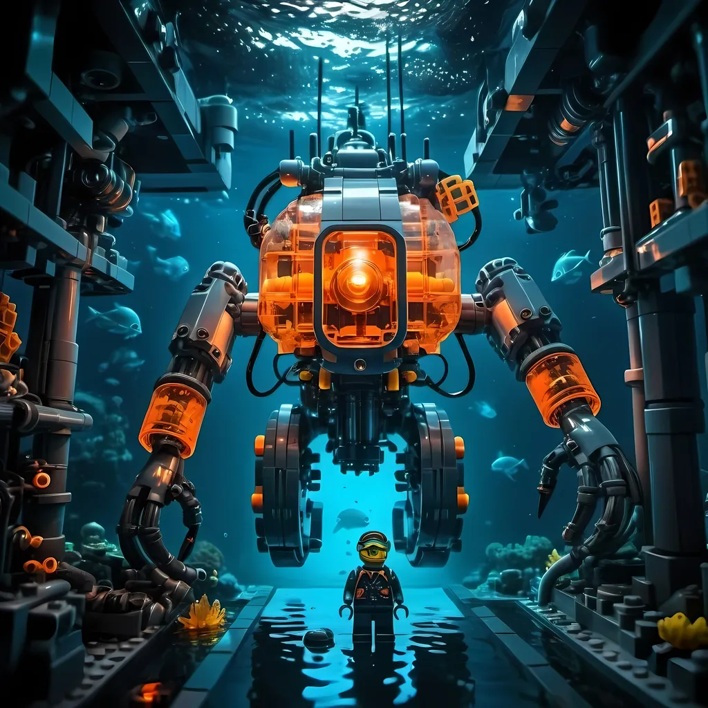 Prompt: one man underwater Cyberpunk transparent Lego and construction mechanical arms bionic mech submarine suit with orange light in Atlantis Building the city and some lego scuba divers mini figure,  exploring deep dark sea, deep ocean, bionic, dark gray, neon light, bionic design , realistic underwater, detailed Lego construction, futuristic, high-tech, deep-sea exploration ,underwater scene, marine life, deep-sea exploration, cool tones,4k, intense and ominous atmosphere, high quality, detailed, Lego building, cyberpunk, deep ocean, futuristic Creature, underwater scene, atmospheric lighting