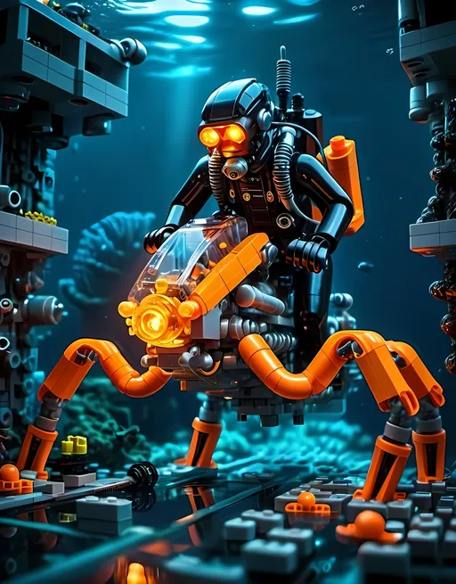 Prompt: one man underwater Cyberpunk transparent Lego construction mechanical arms bionic hover bike  machine with orange light in Atlantis Building the city and some lego scuba divers mini figure,  exploring deep dark sea, deep ocean, bionic, dark gray, neon light, bionic design , realistic underwater, detailed Lego construction, futuristic, high-tech, deep-sea exploration ,underwater scene, marine life, deep-sea exploration, cool tones,4k, intense and ominous atmosphere, high quality, detailed, Lego building, cyberpunk, deep ocean, futuristic Creature, underwater scene, atmospheric lighting
