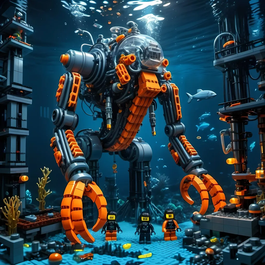 Prompt: huge underwater Cyberpunk transparent Lego and construction mechanical arm bionic machine with orange light in Atlantis Building the city and some lego scuba divers mini figure,  exploring deep dark sea, deep ocean, bionic, dark gray, neon light, bionic design , realistic underwater, detailed Lego construction, futuristic, high-tech, deep-sea exploration ,underwater scene, marine life, deep-sea exploration, cool tones,4k, intense and ominous atmosphere, high quality, detailed, Lego building, cyberpunk, deep ocean, futuristic Creature, underwater scene, atmospheric lighting