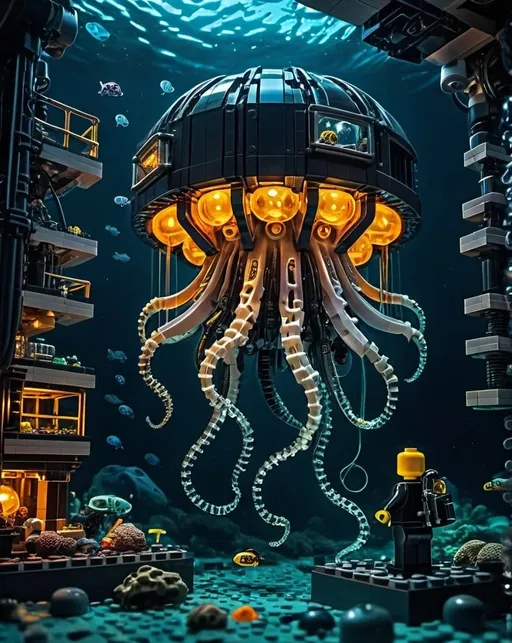 Prompt: Big scale Cyberpunk Lego jelly fish style underwater construction machine and some lego man diver in Atlantis exploring lost city, deep ocean, bionic, dark gray, Kraken, realistic underwater, detailed Lego construction, futuristic, high-tech, deep-sea exploration,underwater scene, marine life, deep-sea exploration, cool tones,4k, neon lights, intense and ominous atmosphere, high quality, detailed, Lego building, cyberpunk, deep ocean, bionic design, futuristic kraken, underwater scene, atmospheric lighting