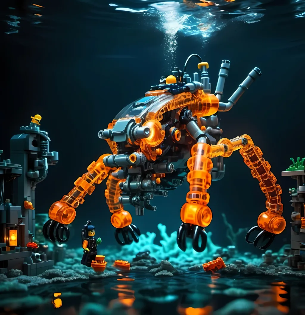 Prompt: underwater Cyberpunk transparent Lego construction mechanical arms bionic hover bike  machine with orange light in Atlantis Building the city and some lego scuba divers mini figure,  exploring deep dark sea, deep ocean, bionic, dark gray, neon light, bionic design , realistic underwater, detailed Lego construction, futuristic, high-tech, deep-sea exploration ,underwater scene, marine life, deep-sea exploration, cool tones,4k, intense and ominous atmosphere, high quality, detailed, Lego building, cyberpunk, deep ocean, futuristic Creature, underwater scene, atmospheric lighting