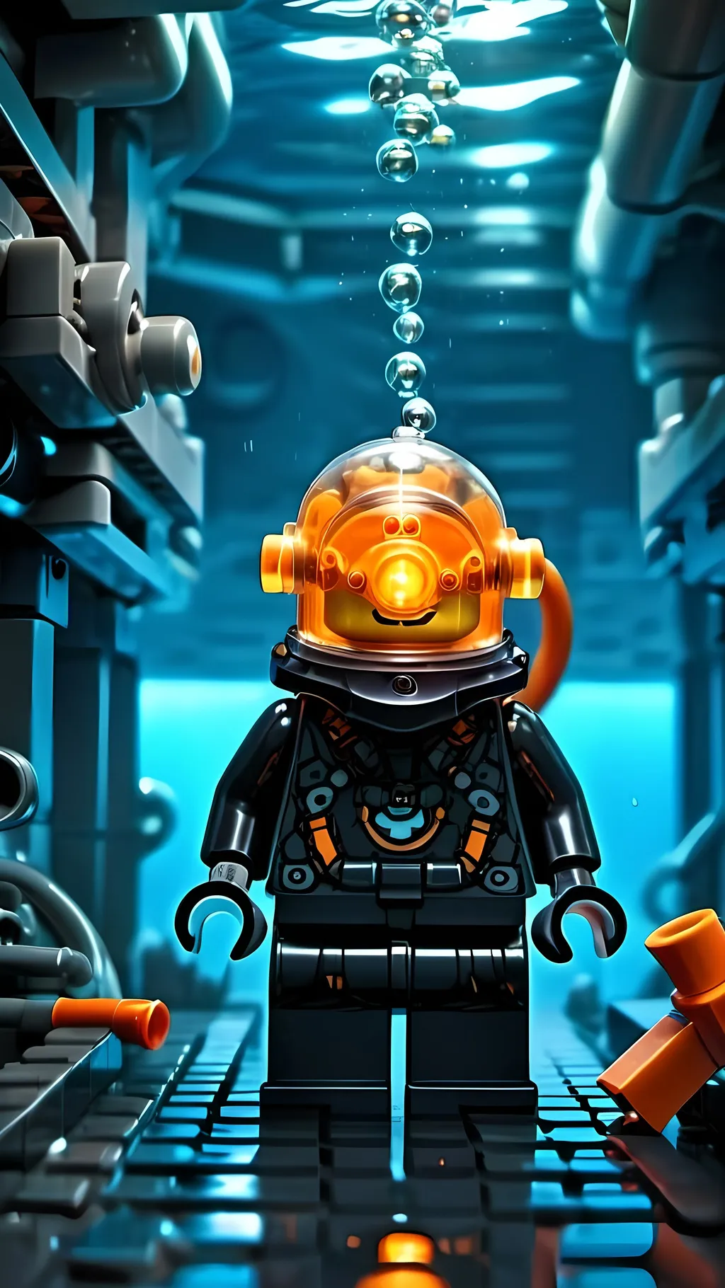 Prompt: underwater Cyberpunk Lego man wearing transparent wearable submarine diving suit with orange light in Atlantis Building the city ,construction , mechanical,LEGO® Minifigures,  exploring deep dark sea, deep ocean, bionic, dark gray, neon light, bionic design , realistic underwater, futuristic, high-tech, deep-sea exploration ,underwater scene, marine life, deep-sea exploration, cool tones,4k, intense and ominous atmosphere, high quality, detailed, Lego building, cyberpunk, deep ocean, futuristic Creature, underwater scene, atmospheric lighting