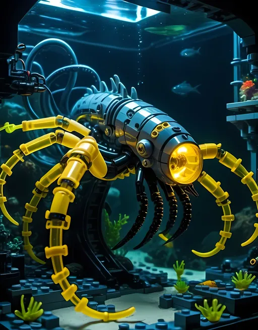 Prompt: Big scale Cyberpunk transparent alien scorpion shape Lego submarine with  yellow light in Atlantis exploring lost city and some lego divers, deep ocean, bionic, dark gray, realistic underwater, detailed Lego construction, futuristic, high-tech, deep-sea exploration,underwater scene, marine life, deep-sea exploration, cool tones,4k, neon lights, intense and ominous atmosphere, high quality, detailed, Lego building, cyberpunk, deep ocean, bionic design, futuristic kraken, underwater scene, atmospheric lighting