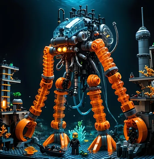 Prompt: huge underwater Cyberpunk transparent Lego and construction four mechanical arms bionic Machine with orange light in Atlantis Building the city and some lego scuba divers mini figure,  exploring deep dark sea, deep ocean, bionic, dark gray, neon light, bionic design , realistic underwater, detailed Lego construction, futuristic, high-tech, deep-sea exploration ,underwater scene, marine life, deep-sea exploration, cool tones,4k, intense and ominous atmosphere, high quality, detailed, Lego building, cyberpunk, deep ocean, futuristic Creature, underwater scene, atmospheric lighting