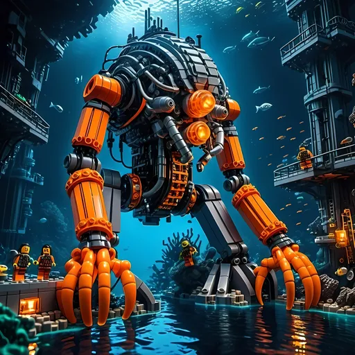 Prompt: huge underwater Cyberpunk transparent Lego and construction mechanical arm bionic machine with orange light in Atlantis Building the city and some lego scuba divers mini figure,  exploring deep dark sea, deep ocean, bionic, dark gray, neon light, bionic design , realistic underwater, detailed Lego construction, futuristic, high-tech, deep-sea exploration ,underwater scene, marine life, deep-sea exploration, cool tones,4k, intense and ominous atmosphere, high quality, detailed, Lego building, cyberpunk, deep ocean, futuristic Creature, underwater scene, atmospheric lighting