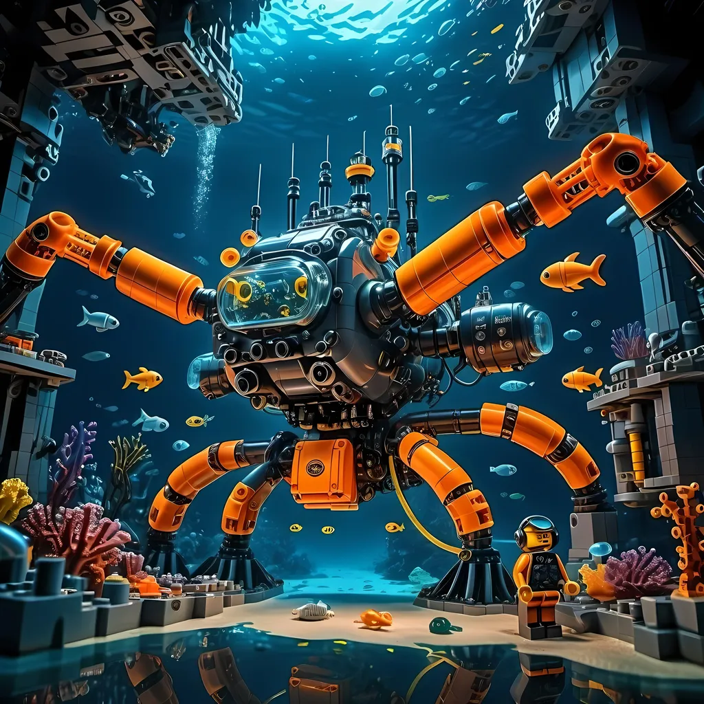 Prompt: huge underwater Cyberpunk transparent Lego and construction mechanical arms bionic plane scooter mix match machine with orange light in Atlantis Building the city and some lego scuba divers mini figure,  exploring deep dark sea, deep ocean, bionic, dark gray, neon light, bionic design , realistic underwater, detailed Lego construction, futuristic, high-tech, deep-sea exploration ,underwater scene, marine life, deep-sea exploration, cool tones,4k, intense and ominous atmosphere, high quality, detailed, Lego building, cyberpunk, deep ocean, futuristic Creature, underwater scene, atmospheric lighting