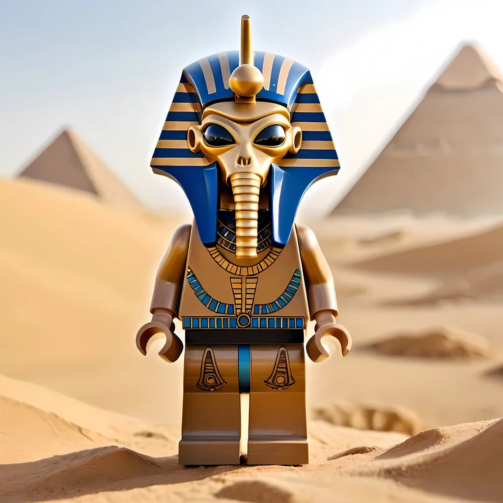 Prompt: Lego Alien LEGO® Minifigures wearing PHARAOH mask astronaut helmet at desert ,LEGO® Minifigures ,alien ,PHARAOH , floating, coffin ,mummy , intricate machinery, sandy terrain, high quality, futuristi ,coasis forest , bionic arms, sunlight, oasis, highres, detailed, ancient, sci-fi, dusty colors, desert oasis, Lego, alien, construction, pyramid, bionic arms, ancient Egypt, sunlight, detailed machines, dusty colors, sci-fi, atmospheric lighting