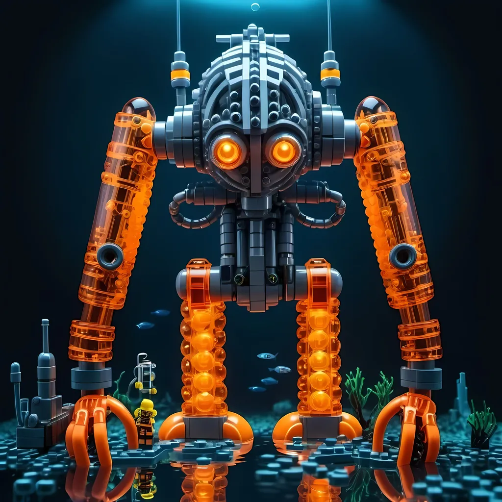 Prompt: huge underwater Cyberpunk transparent Lego and construction mechanical arm bionic machine with orange light in Atlantis Building the city and some lego scuba divers mini figure,  exploring deep dark sea, deep ocean, bionic, dark gray, neon light, bionic design , realistic underwater, detailed Lego construction, futuristic, high-tech, deep-sea exploration ,underwater scene, marine life, deep-sea exploration, cool tones,4k, intense and ominous atmosphere, high quality, detailed, Lego building, cyberpunk, deep ocean, futuristic Creature, underwater scene, atmospheric lighting