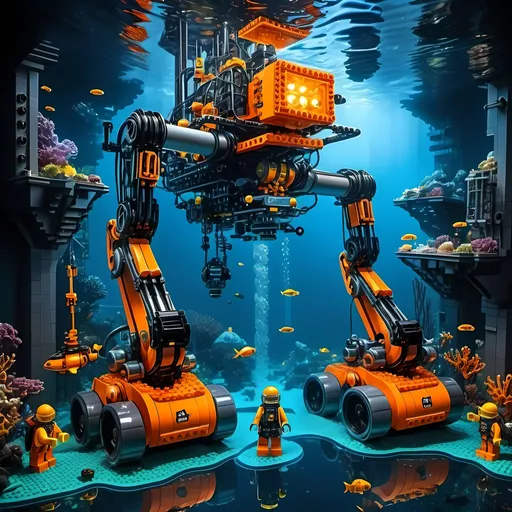 Prompt: huge underwater Cyberpunk transparent Lego and construction mechanical arms bionic sea floor digger machine with orange light in Atlantis Building the city and some lego scuba divers mini figure,  exploring deep dark sea, deep ocean, bionic, dark gray, neon light, bionic design , realistic underwater, detailed Lego construction, futuristic, high-tech, deep-sea exploration ,underwater scene, marine life, deep-sea exploration, cool tones,4k, intense and ominous atmosphere, high quality, detailed, Lego building, cyberpunk, deep ocean, futuristic Creature, underwater scene, atmospheric lighting