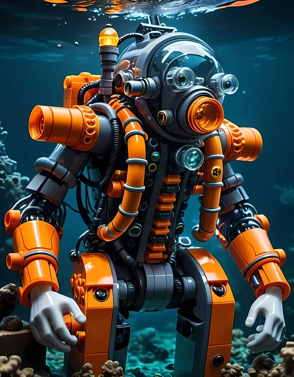 Prompt: one man underwater Cyberpunk transparent Lego and construction mechanical six upper arms bionic Wearable submarine diving suit with orange light in Atlantis Building the city and some lego scuba divers mini figure,  exploring deep dark sea, deep ocean, bionic, dark gray, neon light, bionic design , realistic underwater, detailed Lego construction, futuristic, high-tech, deep-sea exploration ,underwater scene, marine life, deep-sea exploration, cool tones,4k, intense and ominous atmosphere, high quality, detailed, Lego building, cyberpunk, deep ocean, futuristic Creature, underwater scene, atmospheric lighting