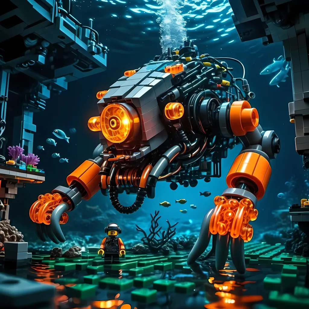 Prompt: man drived Underwater Cyberpunk transparent Lego construction mechanical arms bionic monster machine with orange light in Atlantis Building the city and some lego scuba divers mini figure,  exploring deep dark sea, deep ocean, bionic, dark gray, neon light, bionic design , realistic underwater, detailed Lego construction, futuristic, high-tech, deep-sea exploration ,underwater scene, marine life, deep-sea exploration, cool tones,4k, intense and ominous atmosphere, high quality, detailed, Lego building, cyberpunk, deep ocean, futuristic Creature, underwater scene, atmospheric lighting