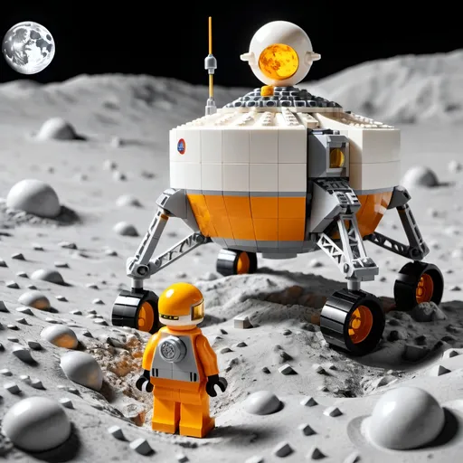 Prompt: Big Scale Lego moon lander model and lego man on the lunar surface, realistic plastic texture,Yellow Gray orange and white, small scale, detailed lunar surface made by Lego, clear and sharp focus, high quality, lego bricks, miniature, realistic lighting, moon landing, plastic texture, detailed surface, small scale, high quality