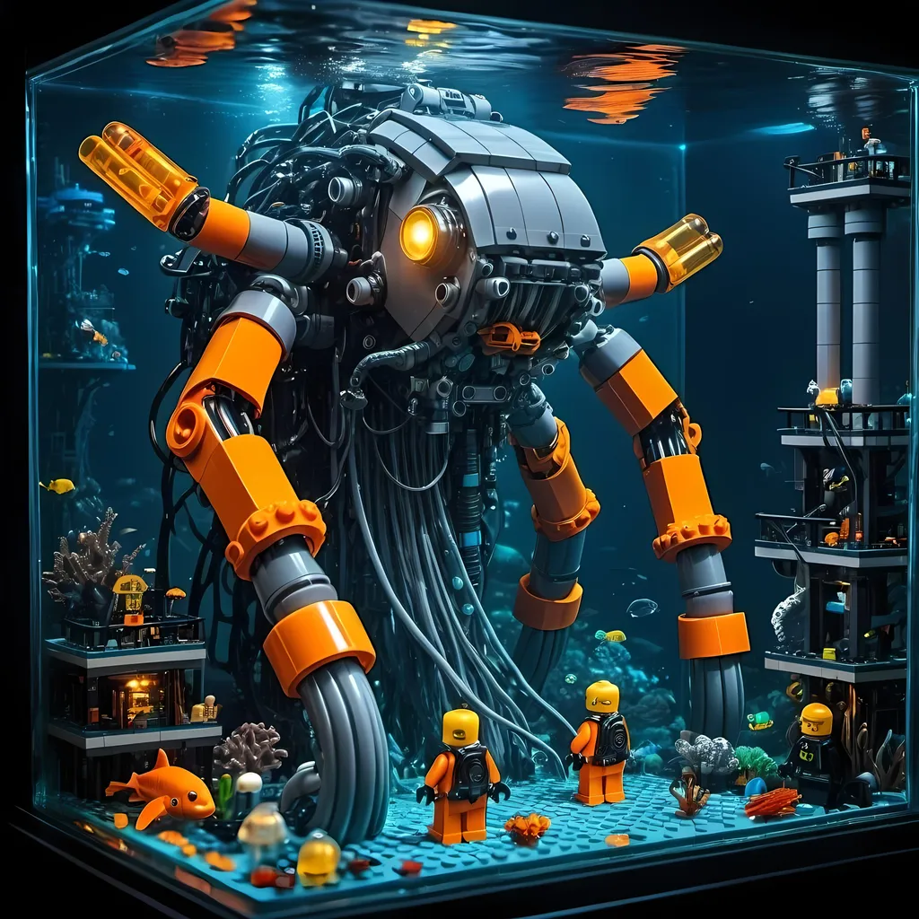 Prompt: huge underwater Cyberpunk transparent Lego and construction mechanical arms bionic unclear launcher with orange light in Atlantis Building the city and some lego scuba divers mini figure,  exploring deep dark sea, deep ocean, bionic, dark gray, neon light, bionic design , realistic underwater, detailed Lego construction, futuristic, high-tech, deep-sea exploration ,underwater scene, marine life, deep-sea exploration, cool tones,4k, intense and ominous atmosphere, high quality, detailed, Lego building, cyberpunk, deep ocean, futuristic Creature, underwater scene, atmospheric lighting