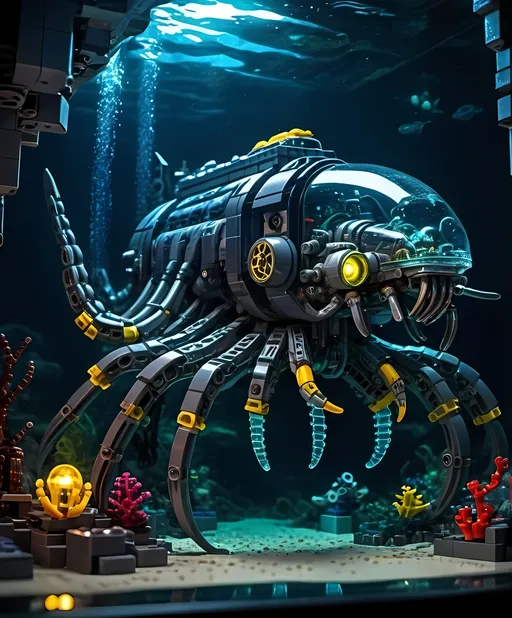 Prompt: Big scale Cyberpunk transparent scorpion shape Lego submarine in Atlantis exploring lost city and some lego divers, deep ocean, bionic, dark gray, realistic underwater, detailed Lego construction, futuristic, high-tech, deep-sea exploration,underwater scene, marine life, deep-sea exploration, cool tones,4k, neon lights, intense and ominous atmosphere, high quality, detailed, Lego building, cyberpunk, deep ocean, bionic design, futuristic kraken, underwater scene, atmospheric lighting