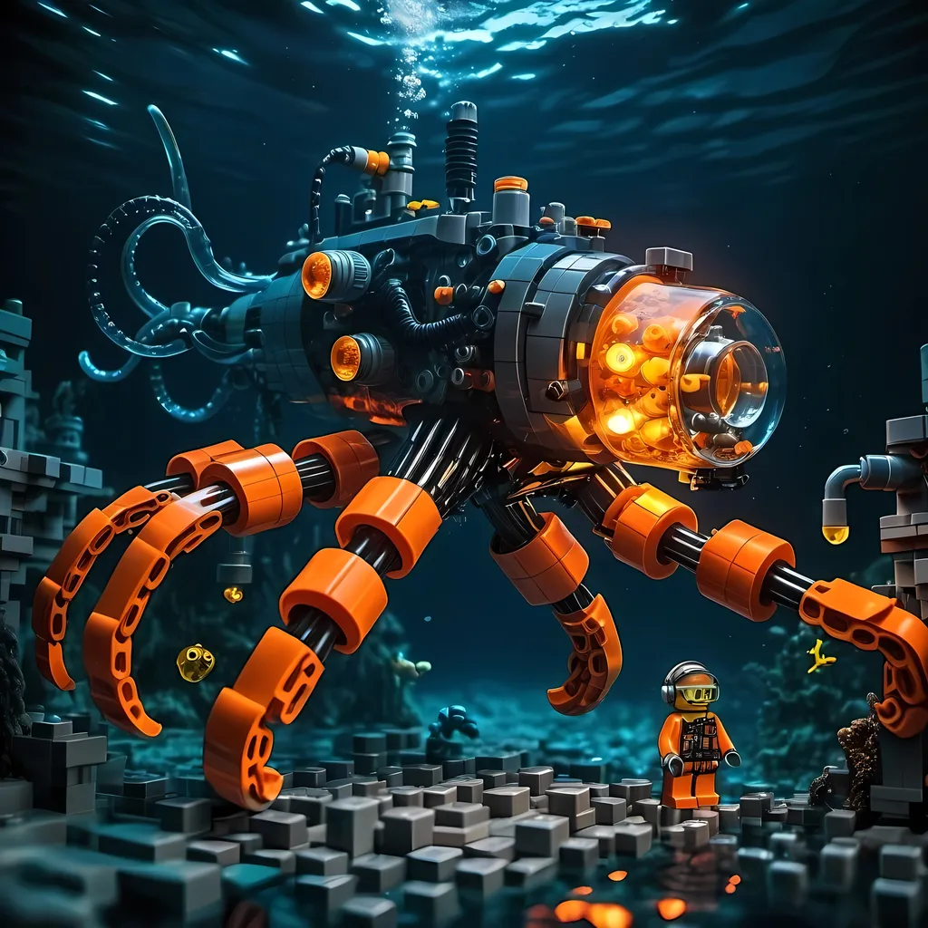 Prompt: one man underwater Cyberpunk transparent Lego construction mechanical arms bionic artificial creature with orange light in Atlantis Building the city and some lego scuba divers mini figure,  exploring deep dark sea, deep ocean, bionic, dark gray, neon light, bionic design , realistic underwater, detailed Lego construction, futuristic, high-tech, deep-sea exploration ,underwater scene, marine life, deep-sea exploration, cool tones,4k, intense and ominous atmosphere, high quality, detailed, Lego building, cyberpunk, deep ocean, futuristic Creature, underwater scene, atmospheric lighting