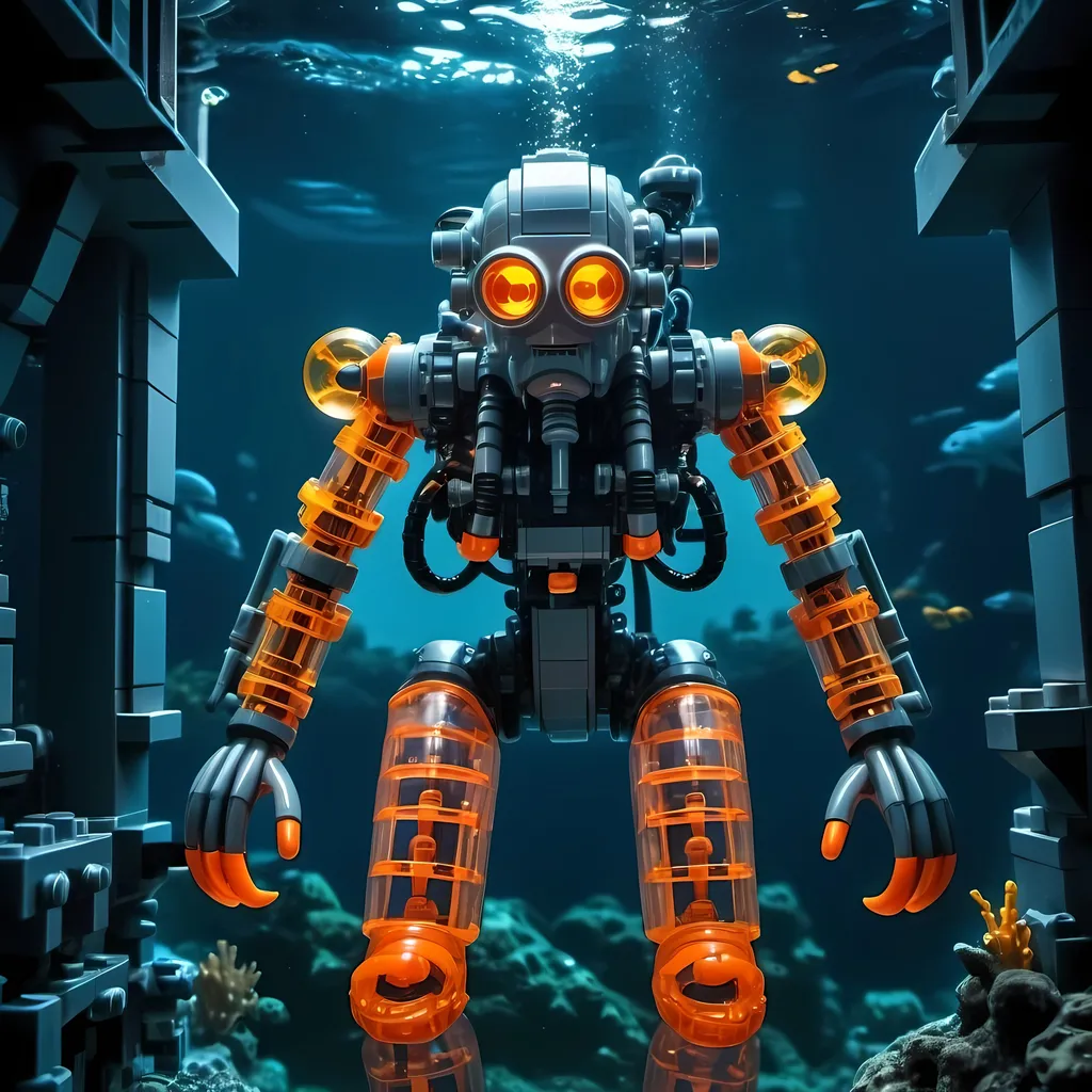 Prompt: one man underwater Cyberpunk transparent Lego and construction mechanical arms bionic mech suit with orange light in Atlantis Building the city and some lego scuba divers mini figure,  exploring deep dark sea, deep ocean, bionic, dark gray, neon light, bionic design , realistic underwater, detailed Lego construction, futuristic, high-tech, deep-sea exploration ,underwater scene, marine life, deep-sea exploration, cool tones,4k, intense and ominous atmosphere, high quality, detailed, Lego building, cyberpunk, deep ocean, futuristic Creature, underwater scene, atmospheric lighting