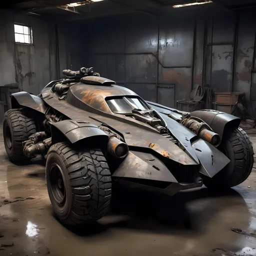 Prompt: floating Batman Futuristic hybrid horizontal Transformable vehicle combining  British Mark IV tank and f-16, Black , batman logo , three wheel car , gritty metal and sleek curves, post-apocalyptic wasteland, intense and dramatic lighting, high quality, detailed rust and grime, batmobile-inspired design, dark and moody, steel gray tones, dynamic angles, powerful and imposing presence, rugged and worn, highres, post-apocalyptic, batmobile, rusty details, dramatic lighting