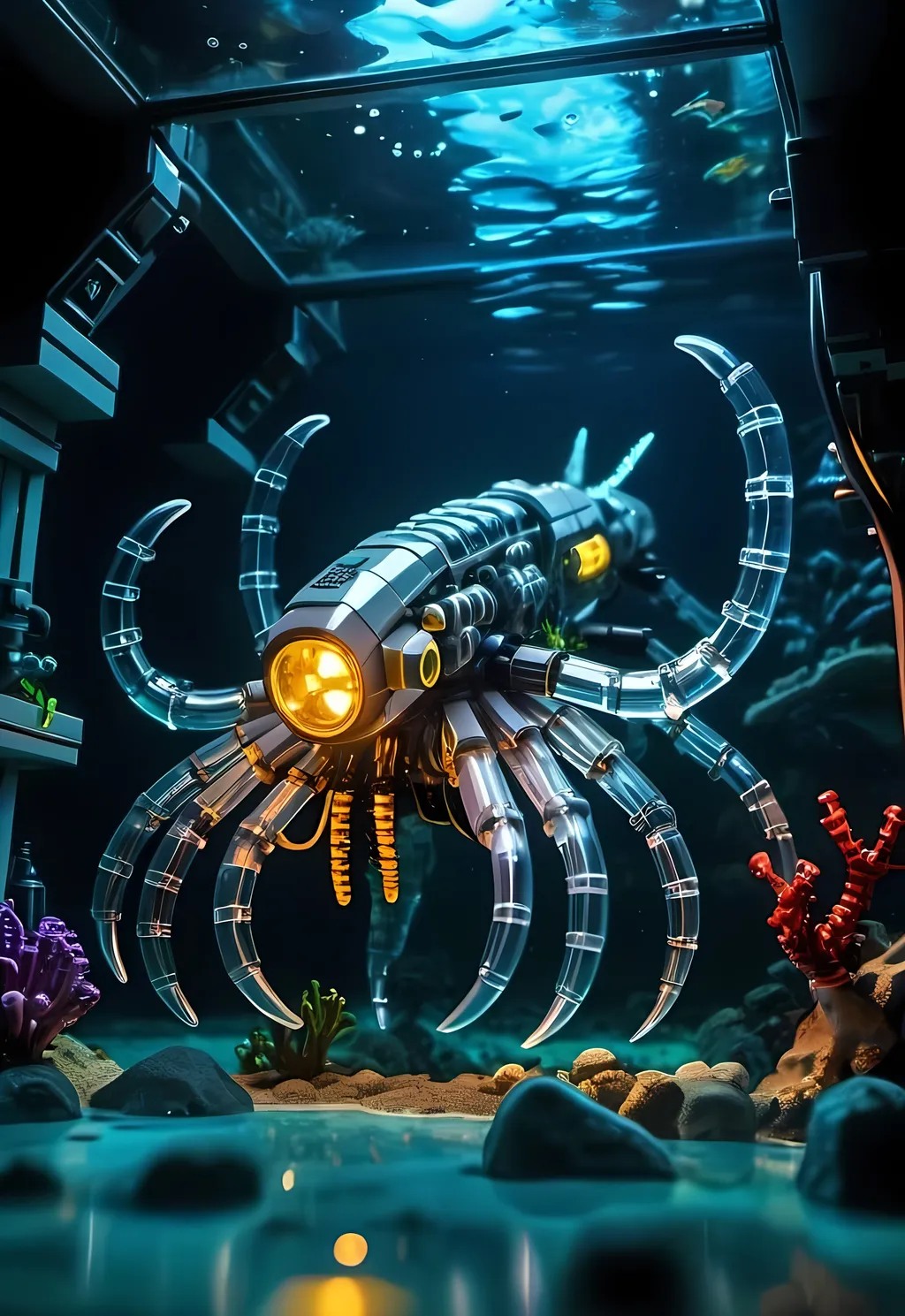 Prompt: Big scale Cyberpunk transparent scorpion shape Lego submarine with  light in Atlantis exploring lost city and some lego divers, deep ocean, bionic, dark gray, realistic underwater, detailed Lego construction, futuristic, high-tech, deep-sea exploration,underwater scene, marine life, deep-sea exploration, cool tones,4k, neon lights, intense and ominous atmosphere, high quality, detailed, Lego building, cyberpunk, deep ocean, bionic design, futuristic kraken, underwater scene, atmospheric lighting