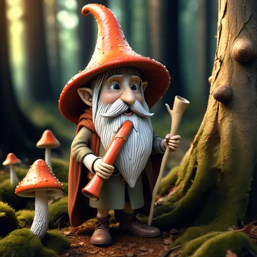 Prompt: Un duende con gorro puntiagudo y barba tocando una flauta de madera. Estirado en el suelo de un bosque. Apoya la cabeza en una amanita muscaria muy grande. Árboles de fondo. 3D. Atardecer. Fantasía. Lord of the rings