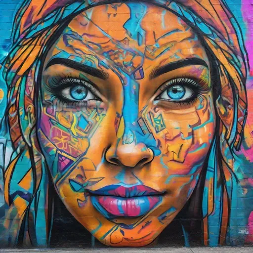 Prompt: abstract  Guatemalan woman's face, not too realistic,   AI representation,  Education, Atlantis, University,  Radio station, in a giant wall in downtown Miami, graffiti, hippie, bohemian,  2020-2030, transformation, blank wall,  professional, high-res, urban, colorful, vibrant, futuristic lighting, shades of 
shandy, sunglow, granite gray, and lapis lazuli, apply some Edgar Degas style
 