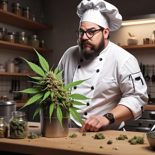 Prompt: Can you draw a thumbnail for my store thats a marijuana as the actual human. in a chef outfit and many strange objects that suronds him to fix any problem in the kitchen or atound the house ?