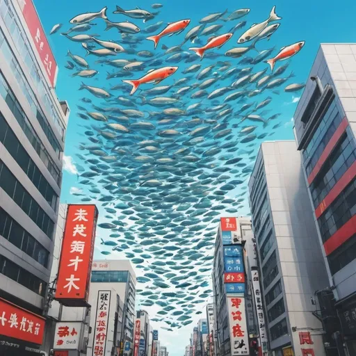 Prompt: Fishes are swimming in the sky of  Tokyo Main City. Abstract art.

