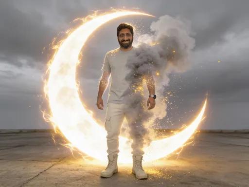 Prompt: @ReSE1LcCk1vbHdc3EA6q  Create an ultra-realistic, cinematic 8K image with high-contrast dramatic lighting and a photo-real digital painting aesthetic—use face reference exactly. The man is shown in a full-body profile facing front walking, looking out off camera, one step ahead, his face and hairstyle copied perfectly with no alterations. He wears modern casual streetwear: a light grey-crewneck t-shirt, light neutral cargo pants, light-colored high-top boots, and a watch on his left wrist, conveying deep introspection and sorrow.
Nearly half of his body is dissolving into extremely thick, cloud-like grey smoke filled with glowing yellow dust particles. His left arm, shoulder, torso, legs, and part of his hair become transparent as they break into luminous particles, suggesting active disintegration.
Behind and partially surrounding him is a massive glowing crescent (C-shaped) energy aura, emitting fiery golden-white plasma light. This aura acts as a powerful rim and backlight, highlighting the smoke, dust, and silhouette.
The setting is minimal and stark: a concrete or desolate paved surface meeting a heavily overcast sky. The color palette is nearly monochrome greys and whites, contrasted by intense amber-gold glow. Shallow depth of field, glow/bloom lighting, particle dispersion, cinematic composition, emotional and dramatic atmosphere.
Use the person from the reference photo as the main subject. Keep their exact facial features, hairstyle, skin tone, and expression perfectly unchanged; preserve all realism, emotional depth, and subtle facial lighting. Allow changes only in camera position, background motion, outfit, and atmosphere. Subtle smile.