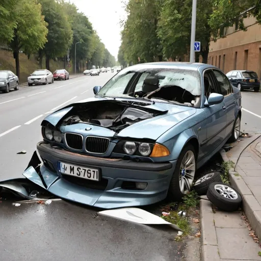 Prompt: A crashed BMW car