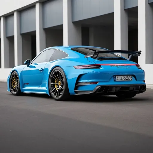 Prompt: A new Porsche sports car with a spoiler, supercharger, and blue sports rims