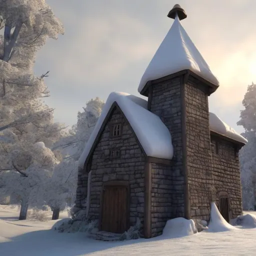 Prompt: Realistic small medieval keep in the steppes during winter