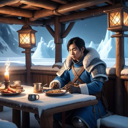 Prompt: (soldier in a blue uniform, bandage) alone, (Asian medieval) setting, (inside an ice tavern), (North Pole) landscape, (water tribes) theme, (cozy ambiance), sitting at a table, eating a meal, icy textures, warm light illuminating the scene, frosty background details, (highly detailed), (4K), contrasting with the chilly environment. very short hair