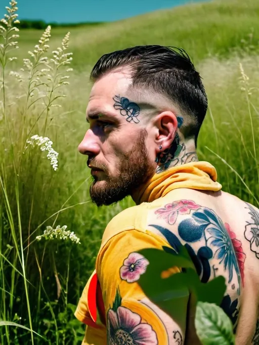 Prompt: a man with a flower tattoo on his neck and neck is standing in a field of grass and bushes, Esaias Boursse, rasquache, full hd, a picture