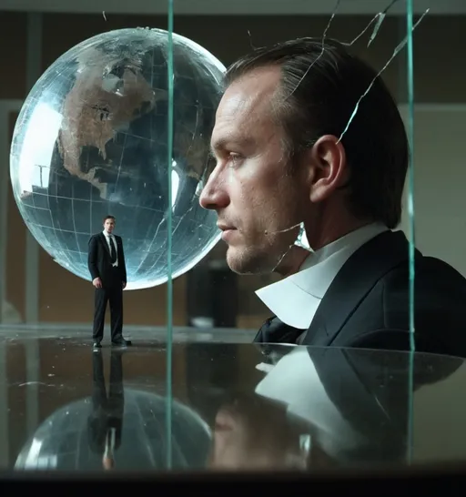 Prompt: A man in a formal dress. The camera angle is from the right side of the man. The man's head is up and looking at the glass. Cracked glass. The reflection of the person's face is visible in the broken glass. In the space on the right side of the picture and behind the glass is the globe.