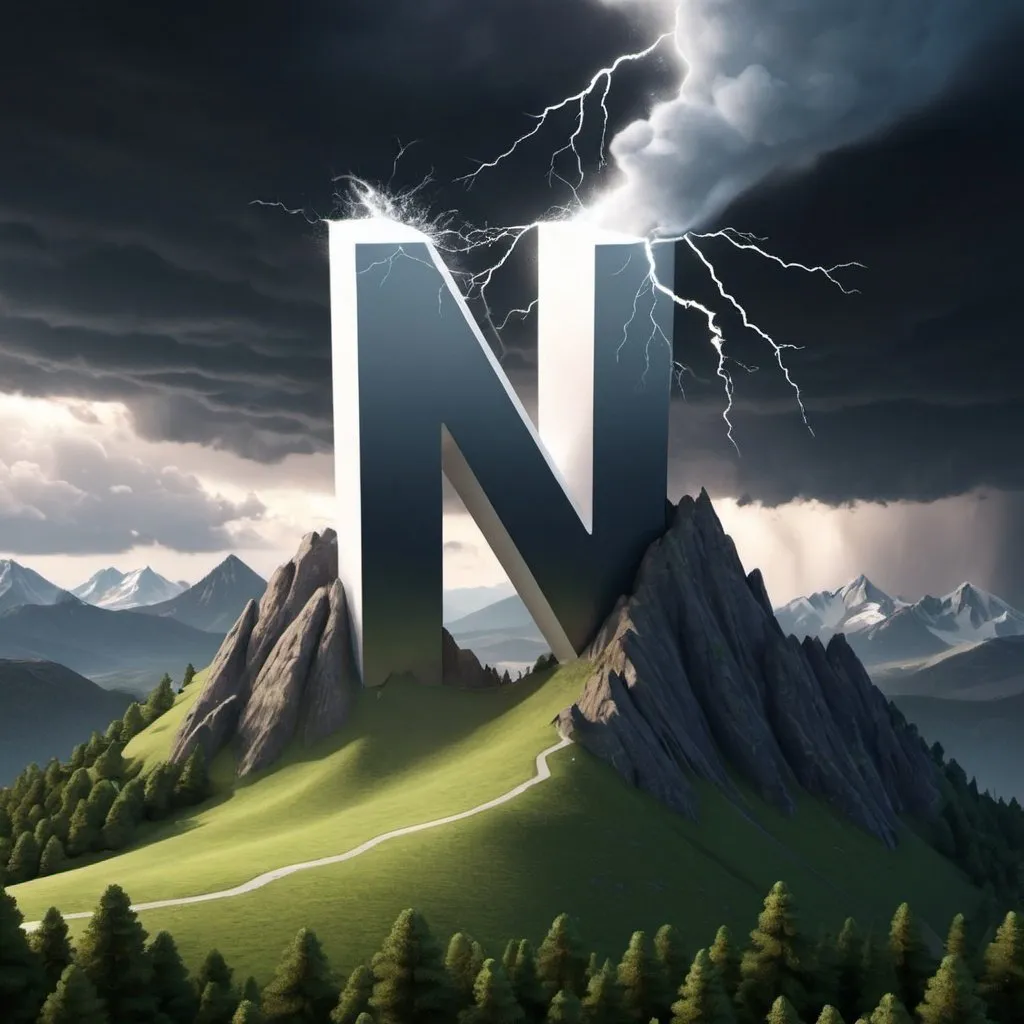 Prompt: Mountain behind and letter N in 3D turning on himsefl and an animated storm touching the corner of the letter N