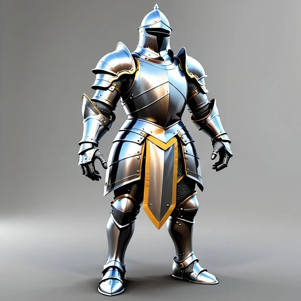 Prompt: a being with a head, 2 arms, 2 legs, no backgrounds, no shadows anywhere or on the ground, make him unique somehow, standing in a t pose with gloves on, and covered in knight like armory. With intent to download and convert to a 3d character in CSM
