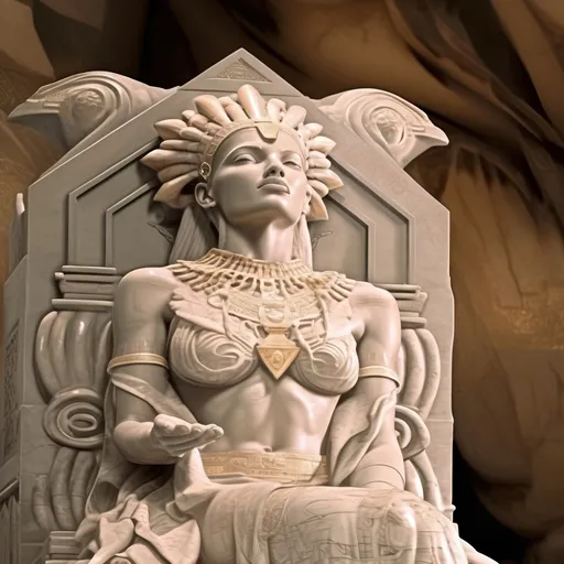 Prompt: ((full body marble sculpture of “akasha, ancient egyptian vampire queen of the damned,” sitting on throne in royal temple wearing an elaborate halo crown)) inspired by the anne rice novel about the first vampires from egypt. Neoclassicism, Sculptor's Studio, Artistic Grace by Antonio Canova, detailed visual art, volumetric lighting, uhd,