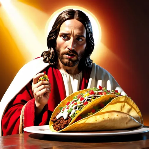 Prompt: create a photorealistic rendering of Jesus Christ eating a very large taco.