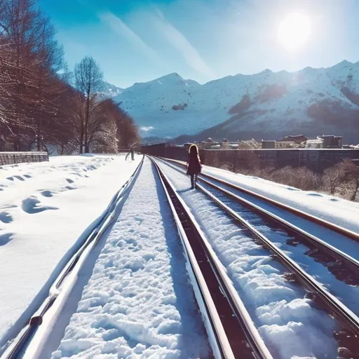 Prompt: Person walking on snowy railway track, bright and sunny, winter landscape, snowy path, distant mountains, high quality, realistic, snowy, sunny, detailed snow, serene, peaceful, snowy railroad tracks, winter scene, sunny winter day, clear blue sky, crisp air