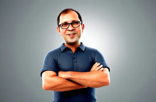 Prompt: 3D Cartoon Style, A man wearing glasses and smiling, dressed in a dark blue short-sleeve shirt, plain white background.