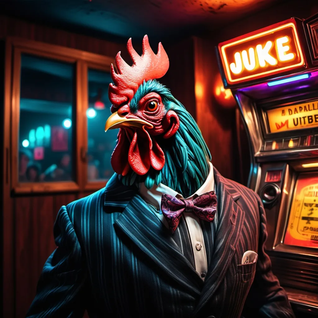 Prompt: There is a very sinister looking rooster character. And when I look at him, I swear I am sharing his acid trip. Totally psychedelic but kinda scary... or very cinema noir looking. dancing with a beatnik looking girl who is equally noir in her vibe. the room is very dimly lit and the is a partial view of an old-style juke box against the back wall. The dim lighting in the room is also casting a shadow of the letters spell "SPECTATORS."