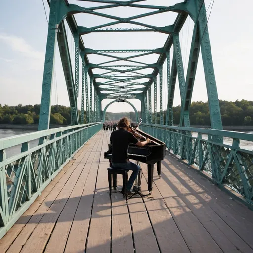 Prompt: A musician is having a concert on a bridge
