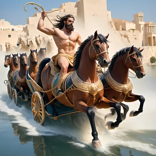 Prompt: The Greek God, Poisedon, on water riding a majestic chariot drawn by 10 beautiful, hefty, agile horses with long manes