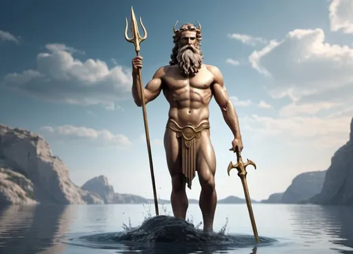 Prompt: The Greek God, Poisedon, standing above the water with a long flowing beard and a trident in his hand while having a heavenly appearance 