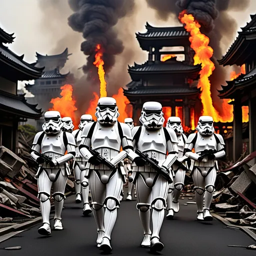 Prompt: Imperial Stormtroopers Marching through the flaming Ruins of Tokyo, Japan